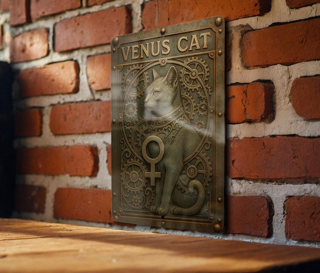 Steampunk Venus Cat Metal Sign – Aged Copper Verdigris Tin Art with Gears, Rivets, Rust Patina, Industrial Wall Decor — photo 3