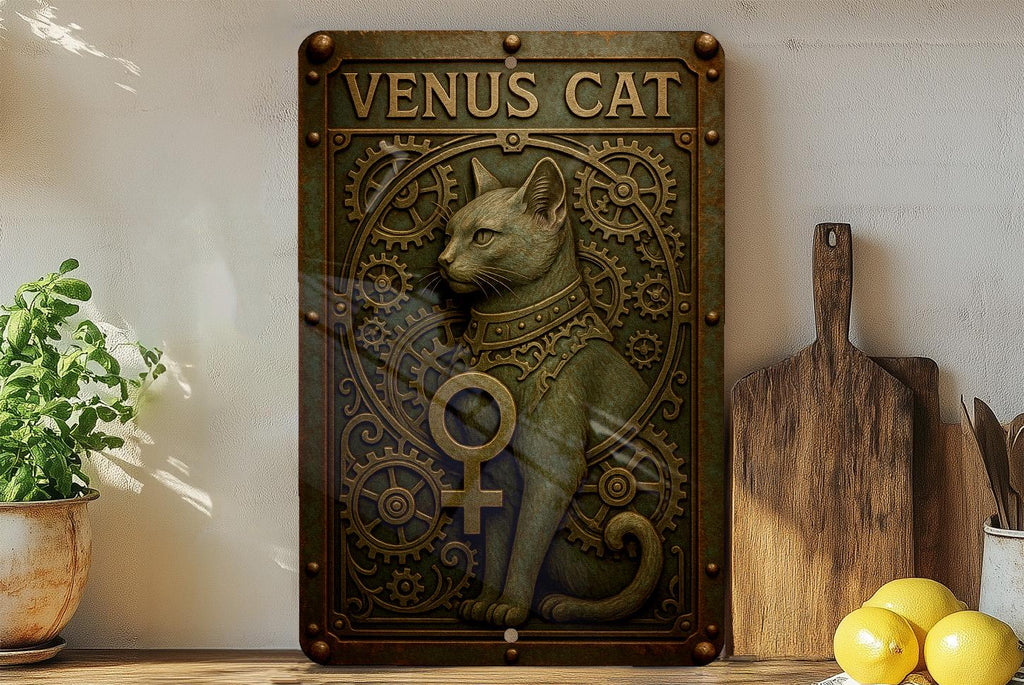 Steampunk Venus Cat Metal Sign – Aged Copper Verdigris Tin Art with Gears, Rivets, Rust Patina, Industrial Wall Decor — photo 4