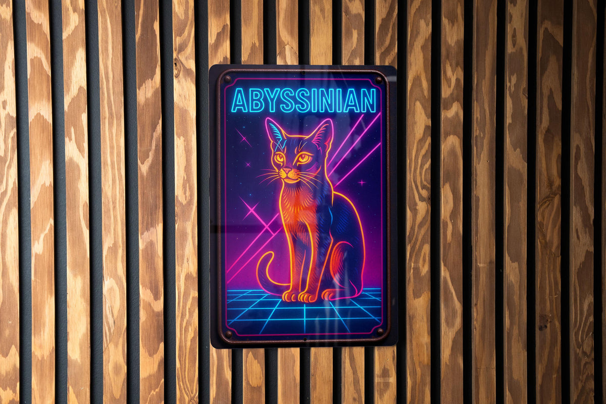 1980s Neon Abyssinian Cat Metal Sign – Retro Cosmic Wall Art, Hot Pink & Electric Blue Grid, Vintage Patina Tin Decor — photo 1