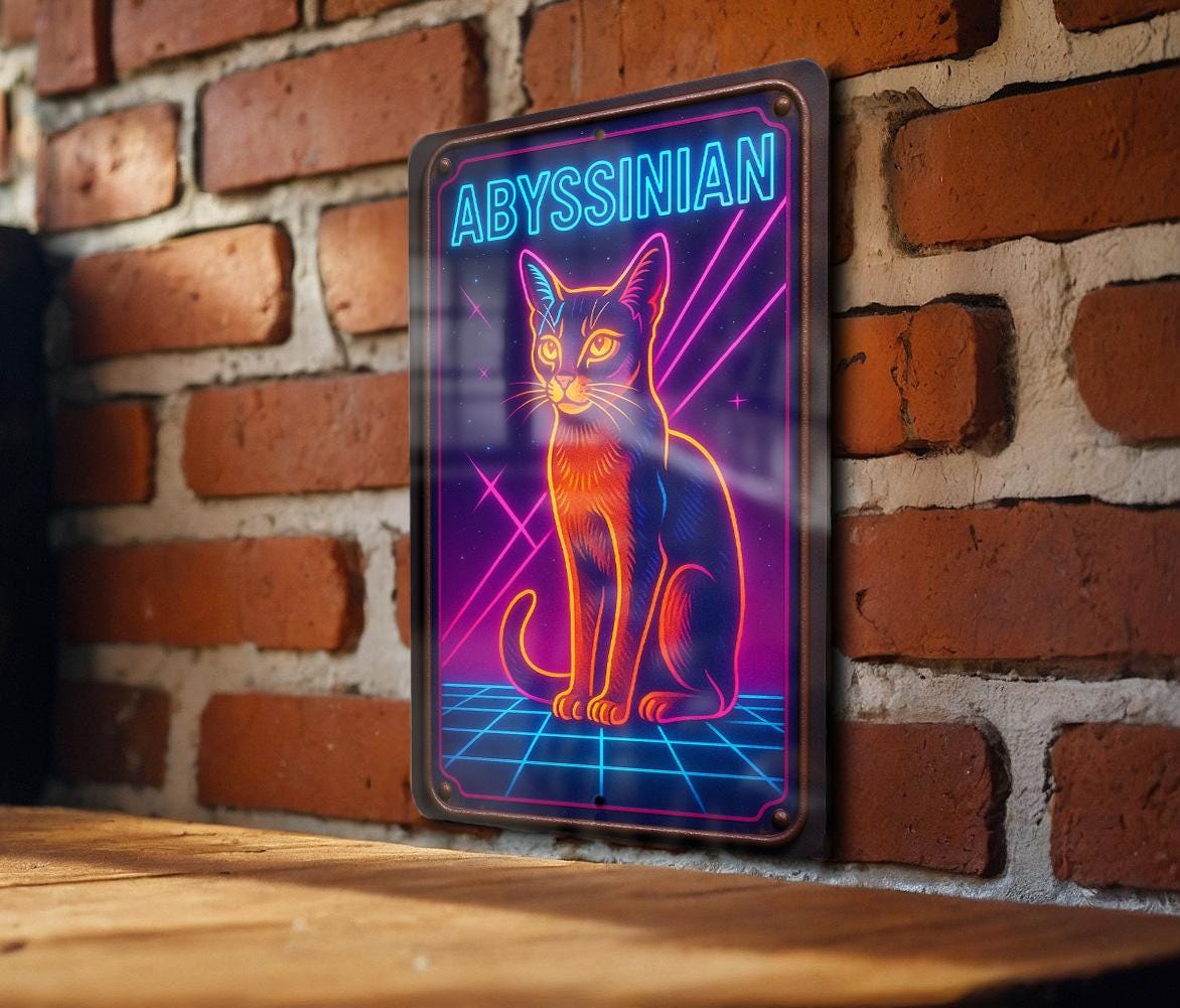 1980s Neon Abyssinian Cat Metal Sign – Retro Cosmic Wall Art, Hot Pink & Electric Blue Grid, Vintage Patina Tin Decor — photo 2