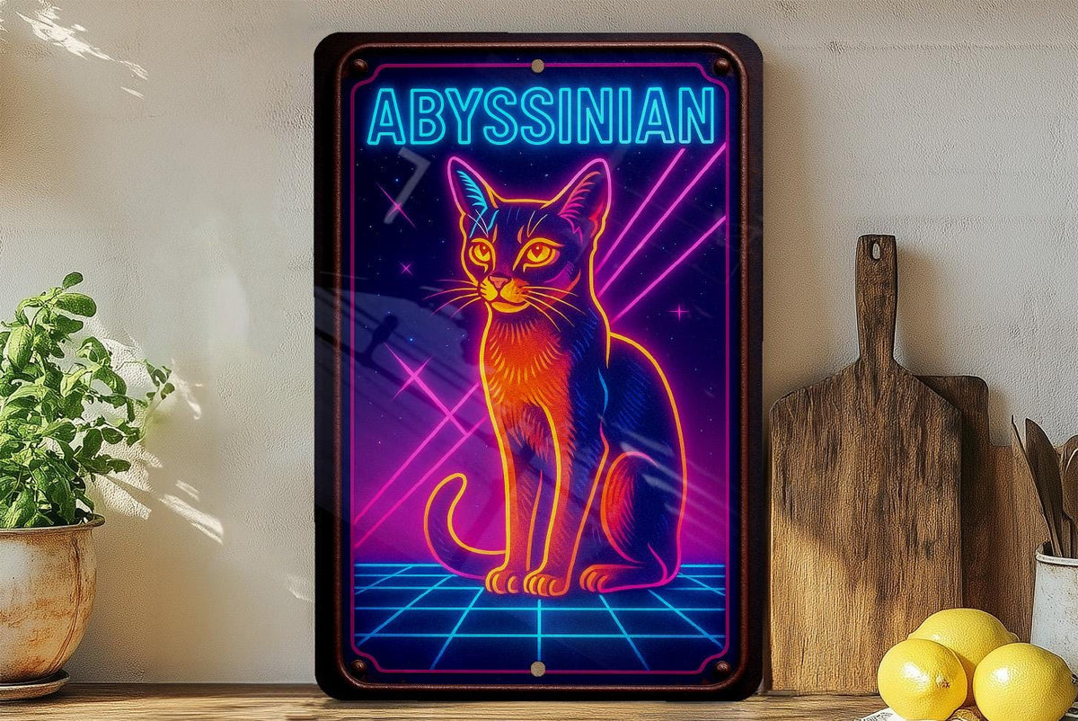1980s Neon Abyssinian Cat Metal Sign – Retro Cosmic Wall Art, Hot Pink & Electric Blue Grid, Vintage Patina Tin Decor — photo 4