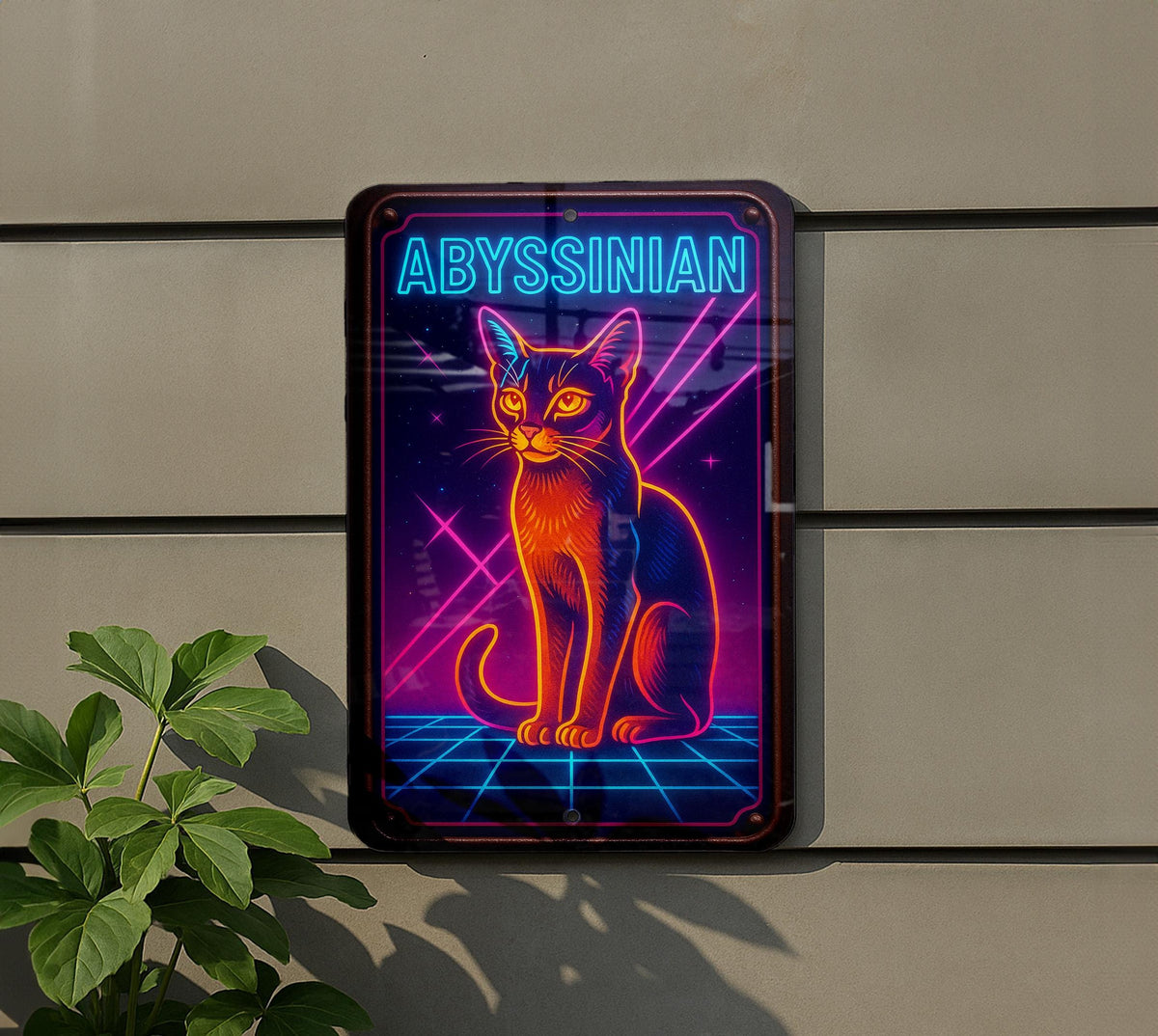 1980s Neon Abyssinian Cat Metal Sign – Retro Cosmic Wall Art, Hot Pink & Electric Blue Grid, Vintage Patina Tin Decor — photo 5