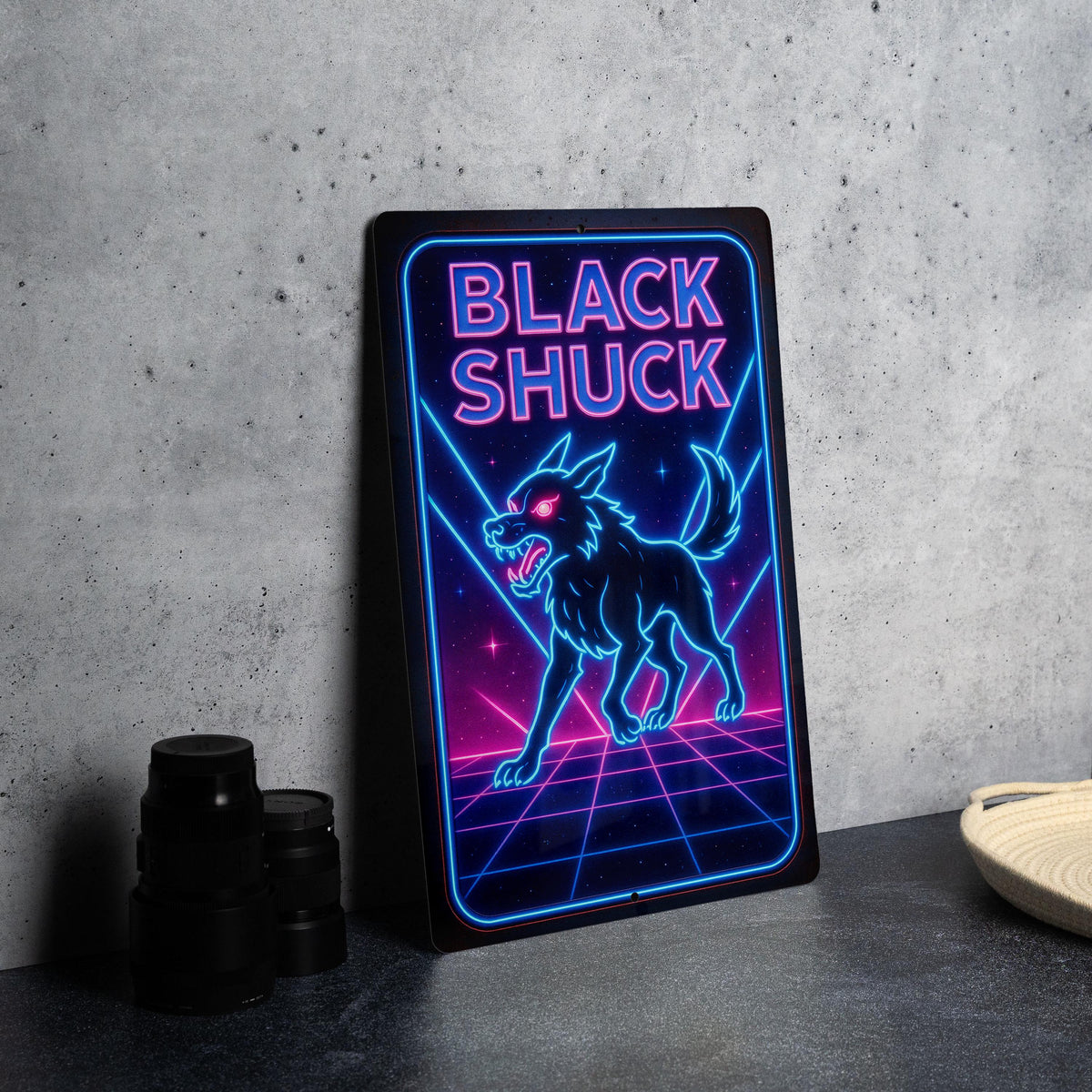 1980s Neon Black Shuck Metal Sign – Retro Cosmic Grid Wall Art, Electric Blue & Hot Pink, Vintage Rust Patina Decor — photo 1
