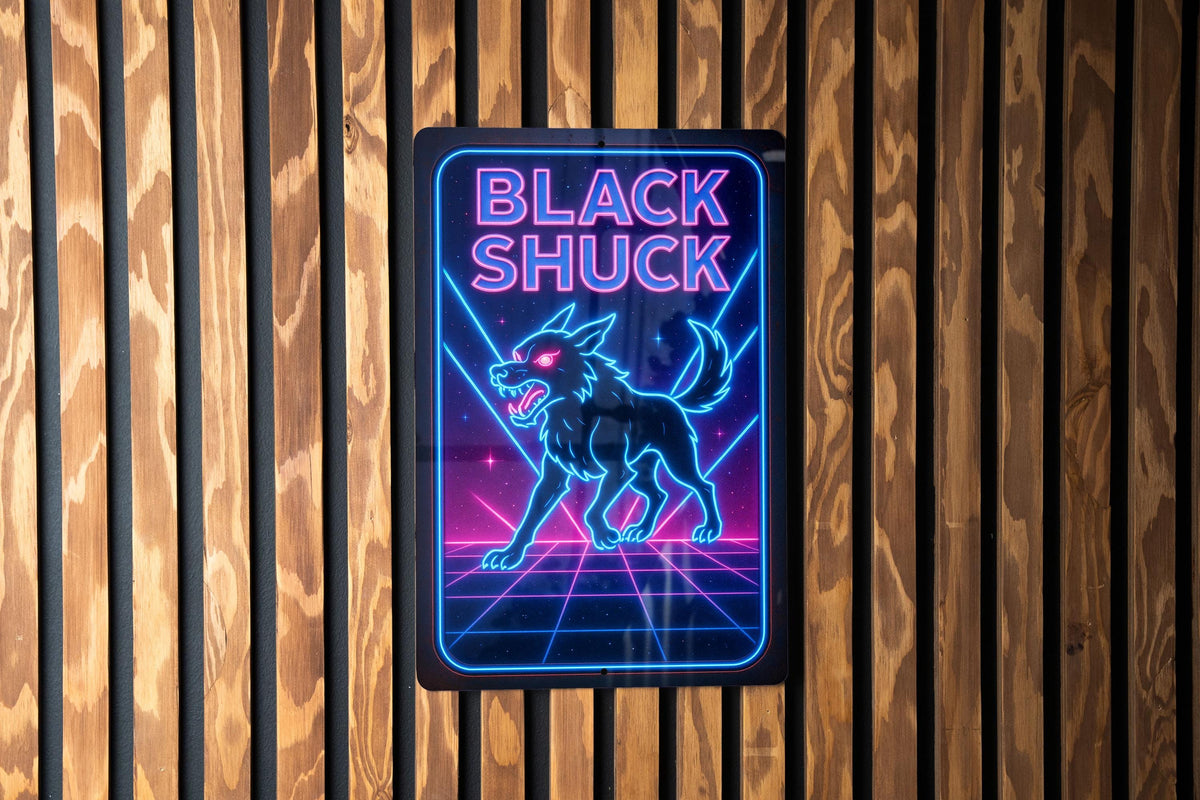 1980s Neon Black Shuck Metal Sign – Retro Cosmic Grid Wall Art, Electric Blue & Hot Pink, Vintage Rust Patina Decor — photo 2