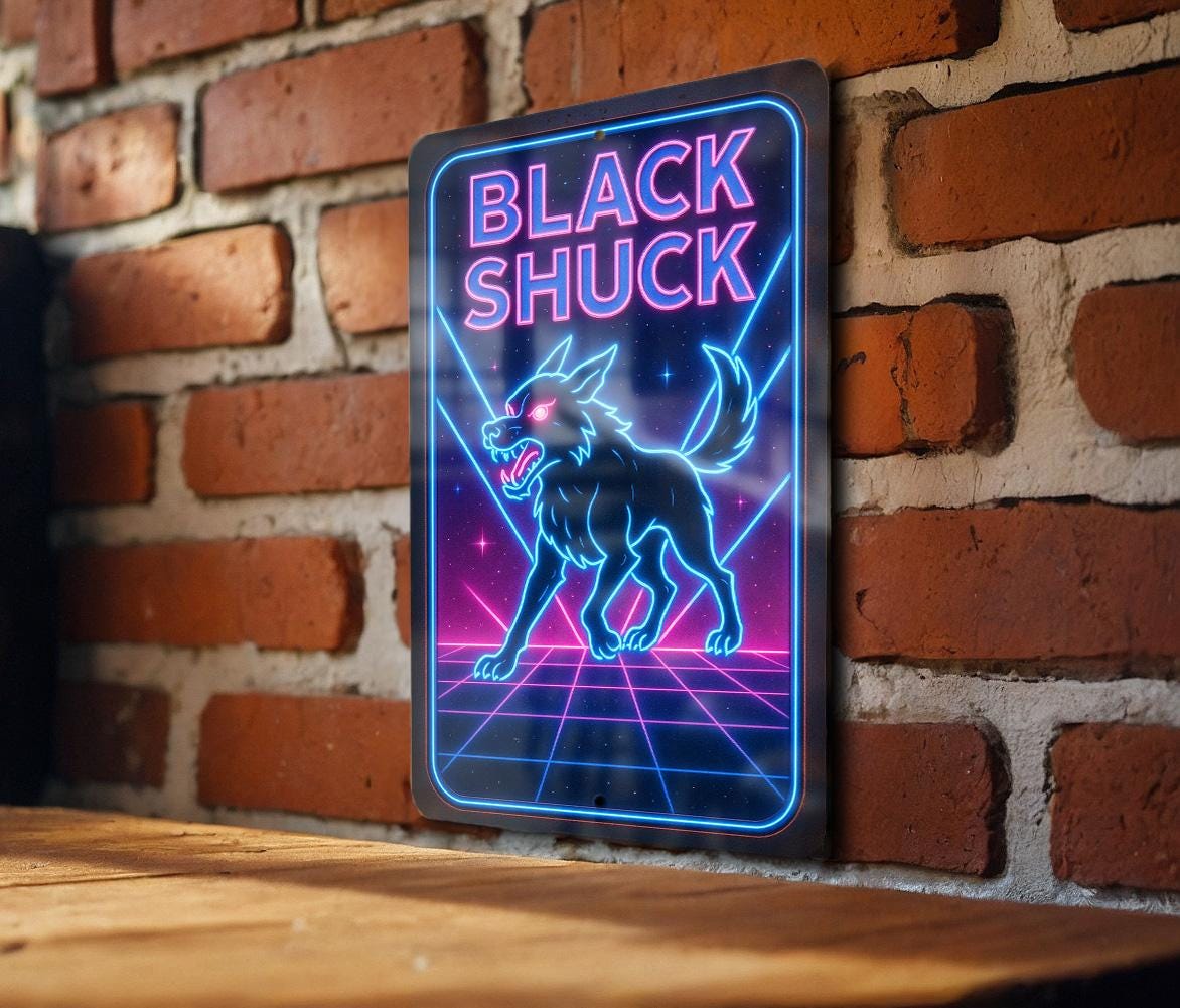1980s Neon Black Shuck Metal Sign – Retro Cosmic Grid Wall Art, Electric Blue & Hot Pink, Vintage Rust Patina Decor — photo 3