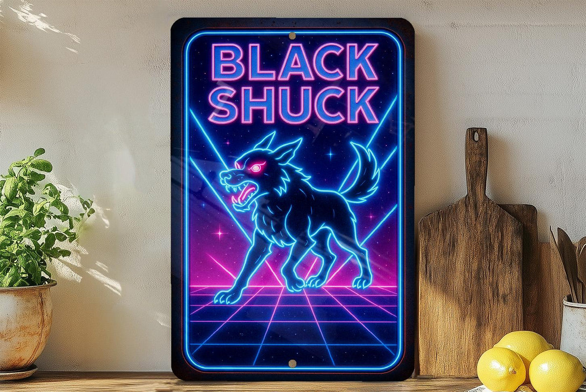 1980s Neon Black Shuck Metal Sign – Retro Cosmic Grid Wall Art, Electric Blue & Hot Pink, Vintage Rust Patina Decor — photo 4