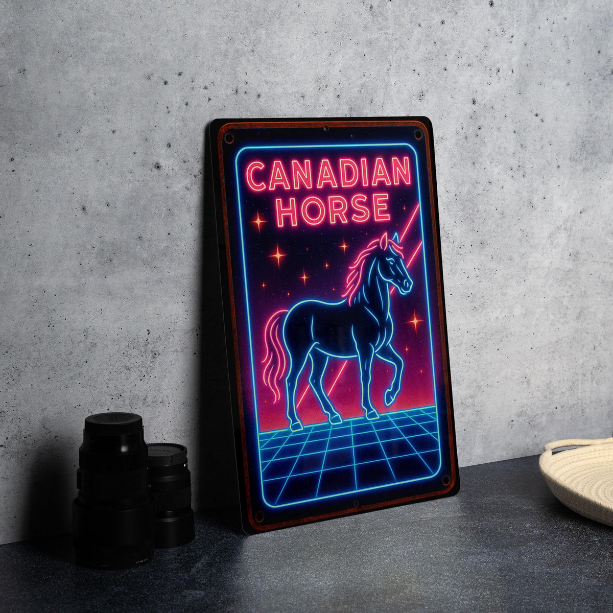 1980s Neon Canadian Horse Metal Sign – Retro Wall Art, Electric Blue & Pink, Cosmic Grid, Vintage Tin Decor, Geometric Glow — photo 2