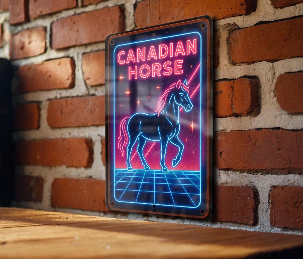 1980s Neon Canadian Horse Metal Sign – Retro Wall Art, Electric Blue & Pink, Cosmic Grid, Vintage Tin Decor, Geometric Glow — photo 3