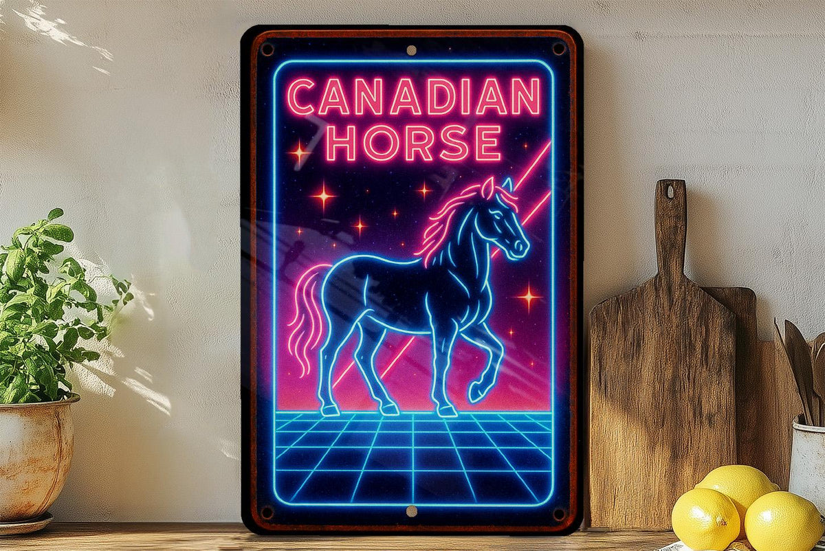 1980s Neon Canadian Horse Metal Sign – Retro Wall Art, Electric Blue & Pink, Cosmic Grid, Vintage Tin Decor, Geometric Glow — photo 4