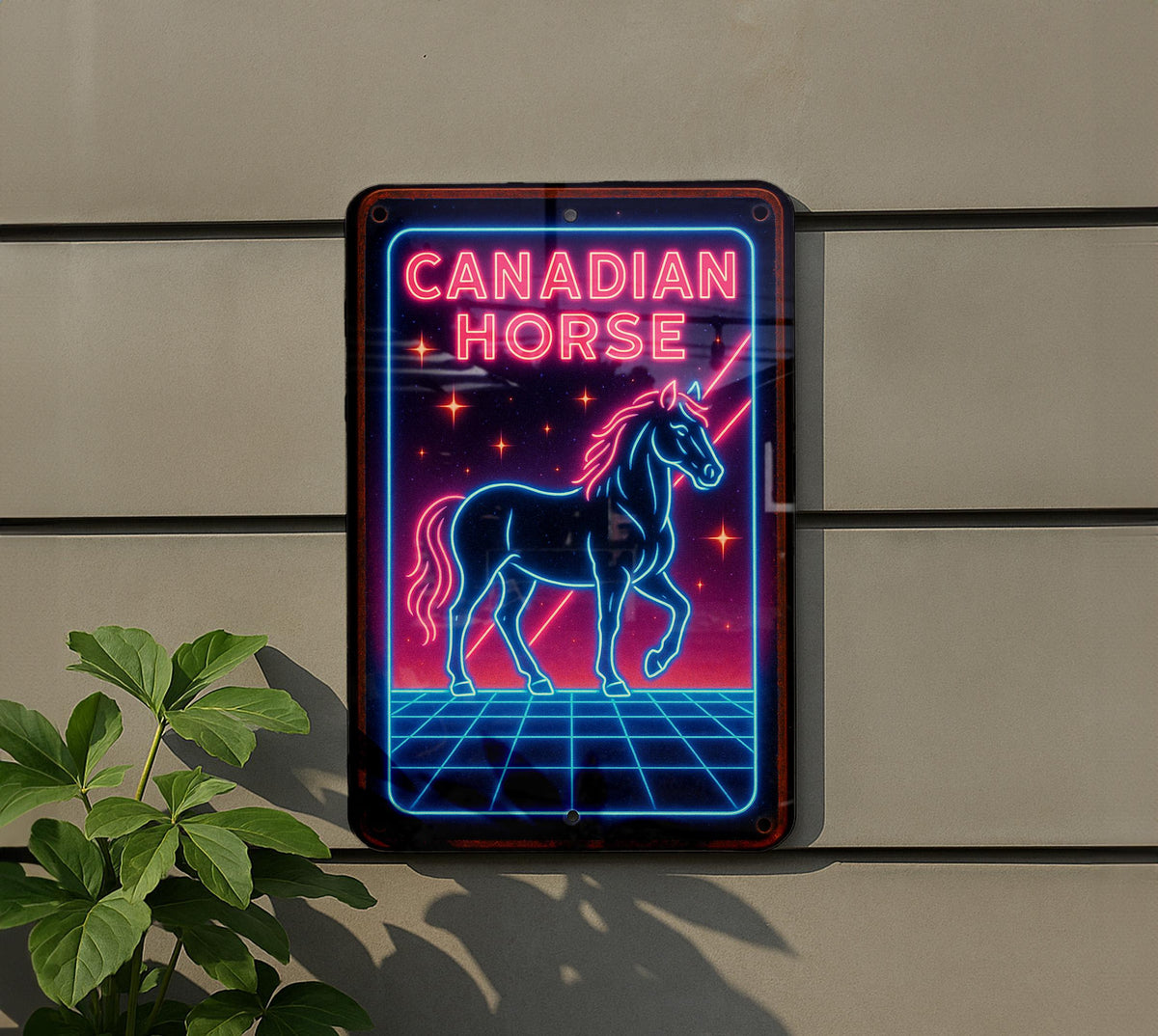 1980s Neon Canadian Horse Metal Sign – Retro Wall Art, Electric Blue & Pink, Cosmic Grid, Vintage Tin Decor, Geometric Glow — photo 5