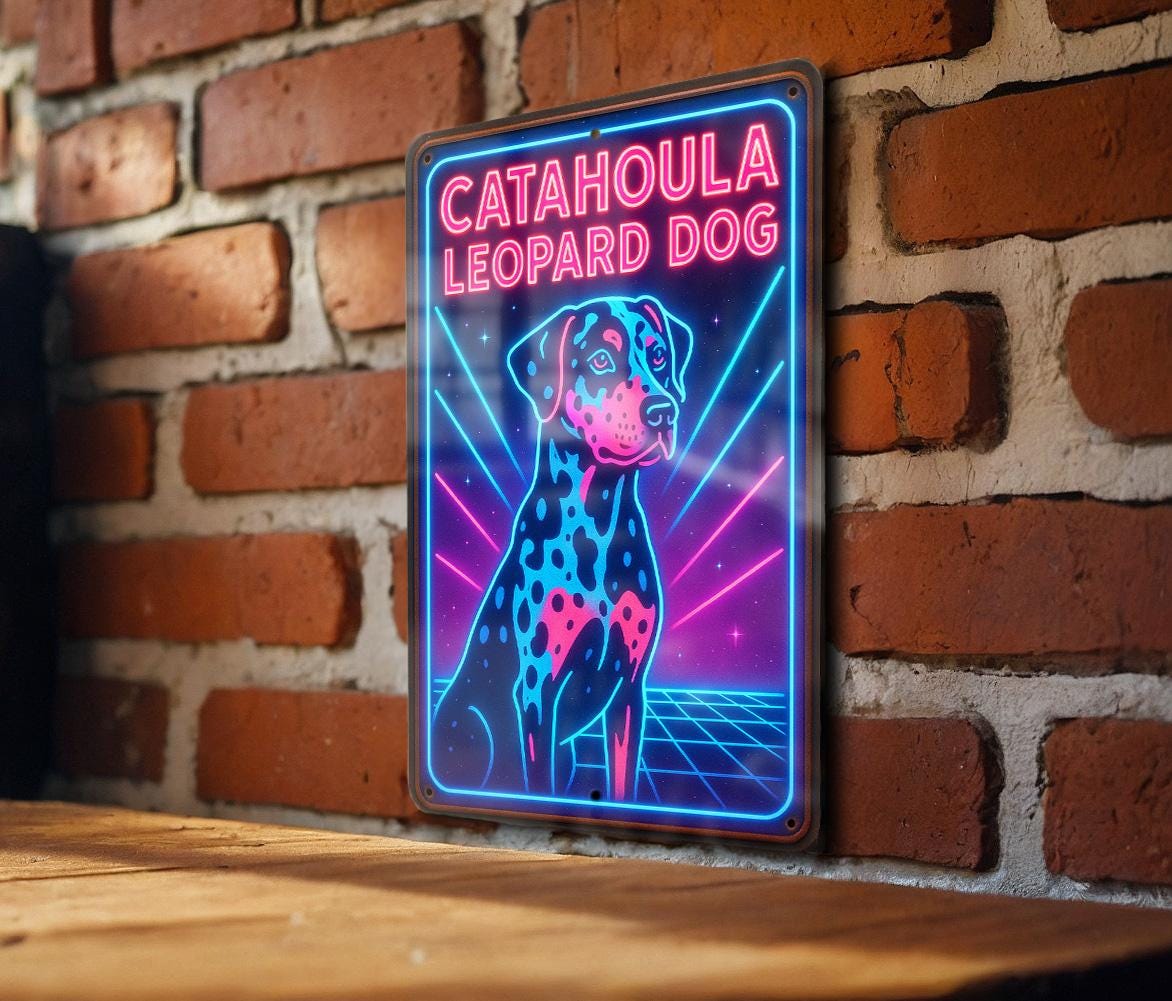 1980s Neon Catahoula Leopard Dog Metal Sign – Retro Cosmic Grid Wall Art, Electric Blue & Pink, Vintage Tin Decor — photo 1