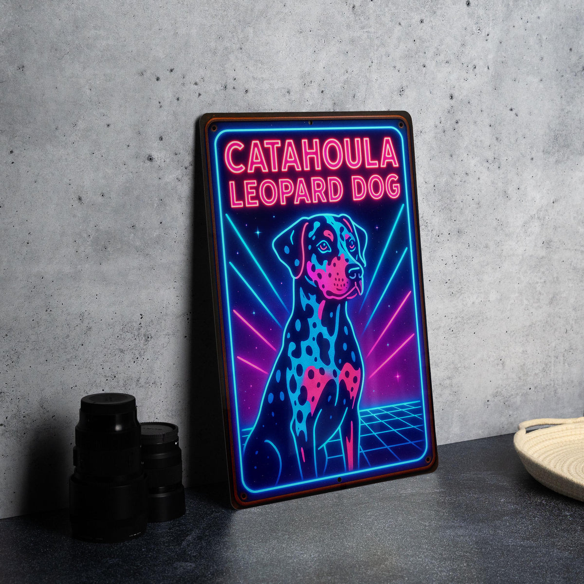 1980s Neon Catahoula Leopard Dog Metal Sign – Retro Cosmic Grid Wall Art, Electric Blue & Pink, Vintage Tin Decor — photo 2