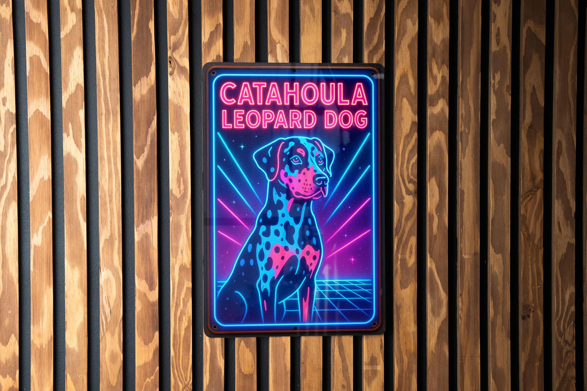 1980s Neon Catahoula Leopard Dog Metal Sign – Retro Cosmic Grid Wall Art, Electric Blue & Pink, Vintage Tin Decor — photo 3