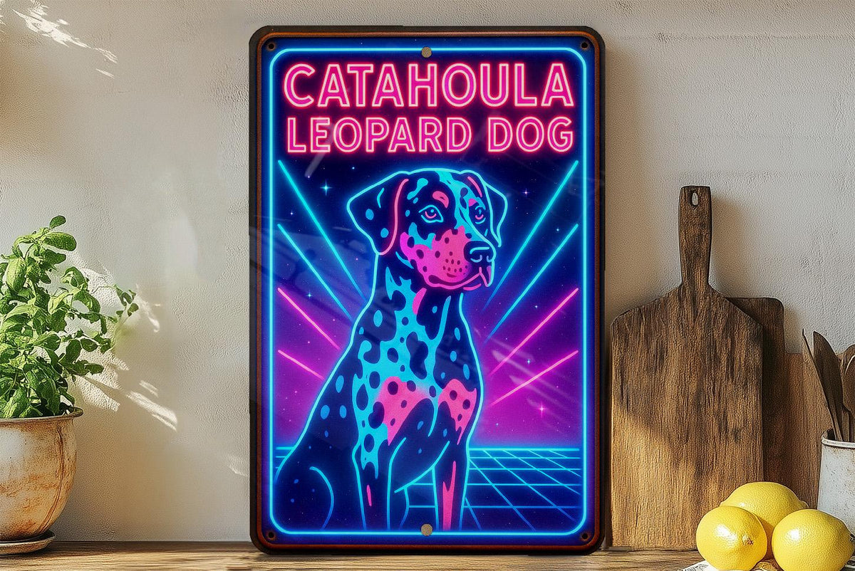 1980s Neon Catahoula Leopard Dog Metal Sign – Retro Cosmic Grid Wall Art, Electric Blue & Pink, Vintage Tin Decor — photo 4