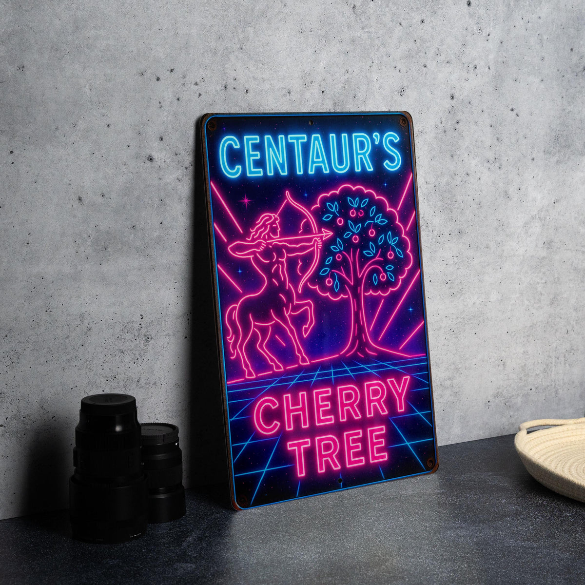 1980s Neon Metal Sign – Centaur’s Cherry Tree Retro Wall Art, Cosmic Grid, Hot Pink & Electric Blue, Vintage Rust Patina Decor — photo 1
