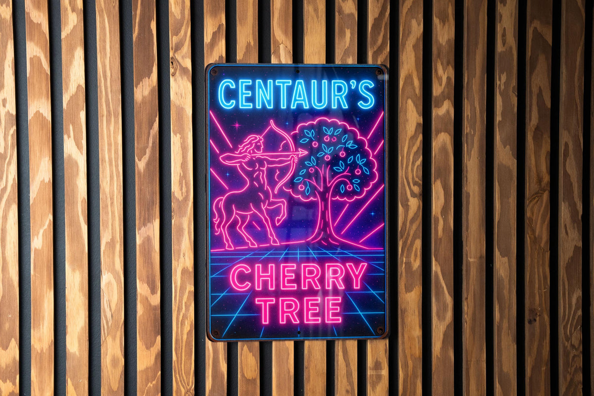 1980s Neon Metal Sign – Centaur’s Cherry Tree Retro Wall Art, Cosmic Grid, Hot Pink & Electric Blue, Vintage Rust Patina Decor — photo 2