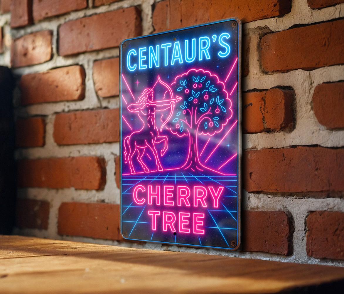 1980s Neon Metal Sign – Centaur’s Cherry Tree Retro Wall Art, Cosmic Grid, Hot Pink & Electric Blue, Vintage Rust Patina Decor — photo 3