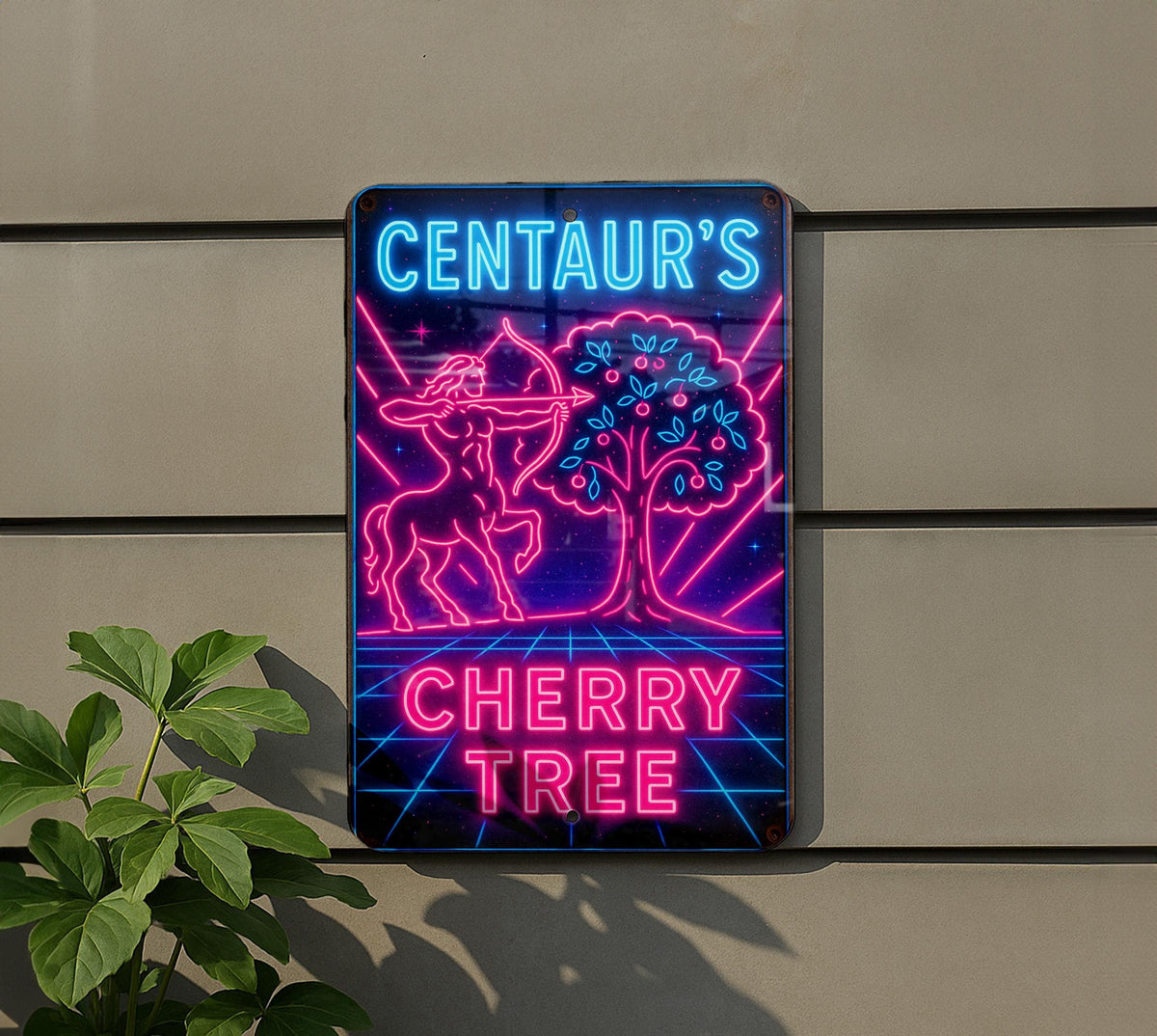 1980s Neon Metal Sign – Centaur’s Cherry Tree Retro Wall Art, Cosmic Grid, Hot Pink & Electric Blue, Vintage Rust Patina Decor — photo 5