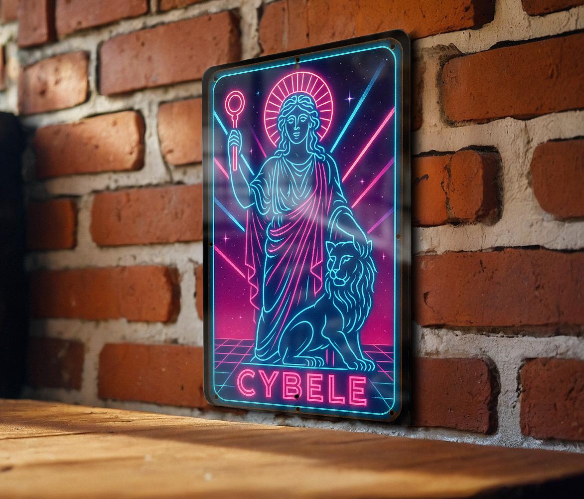 1980s Neon Goddess Metal Sign – Cybele Wall Art, Retro Cosmic Grid, Hot Pink & Electric Blue Decor, Vintage Patina Tin Sign — photo 1
