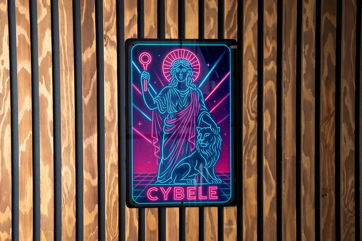 1980s Neon Goddess Metal Sign – Cybele Wall Art, Retro Cosmic Grid, Hot Pink & Electric Blue Decor, Vintage Patina Tin Sign — photo 3