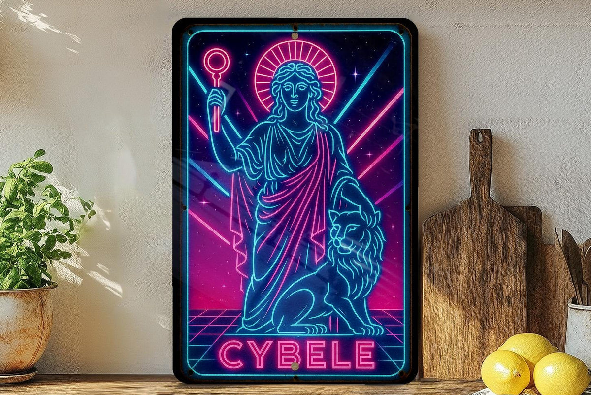 1980s Neon Goddess Metal Sign – Cybele Wall Art, Retro Cosmic Grid, Hot Pink & Electric Blue Decor, Vintage Patina Tin Sign — photo 4