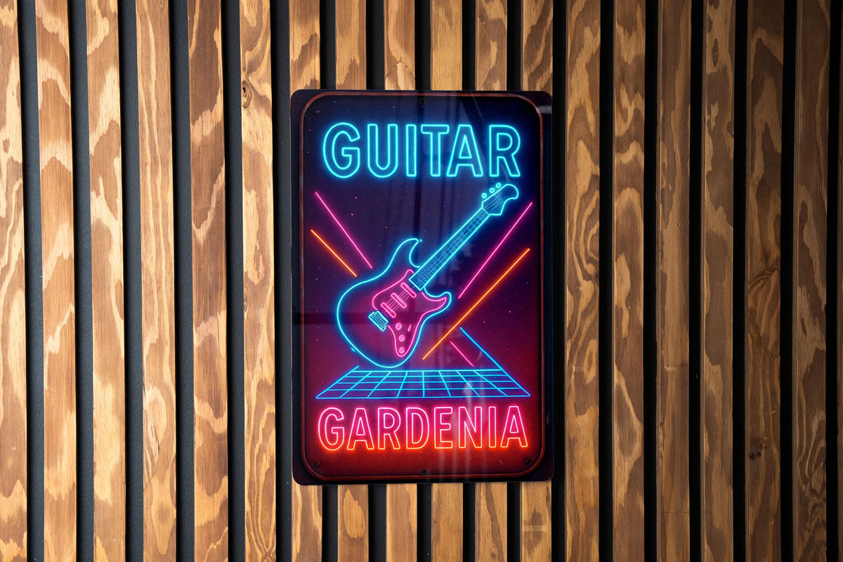 1980s Neon Metal Sign – Guitar Gardenia Wall Art, Retro Electric Blues & Pink, Cosmic Grid, Vintage Rust Patina Decor — photo 1