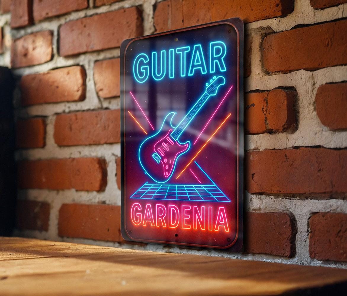 1980s Neon Metal Sign – Guitar Gardenia Wall Art, Retro Electric Blues & Pink, Cosmic Grid, Vintage Rust Patina Decor — photo 2