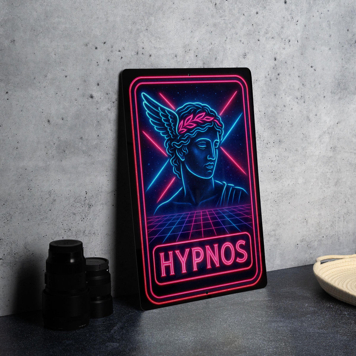 1980s Neon Hypnos Metal Sign – Retro Cosmic Wall Art, Electric Blue & Hot Pink, Vintage Tin Decor with Rust Patina — photo 1