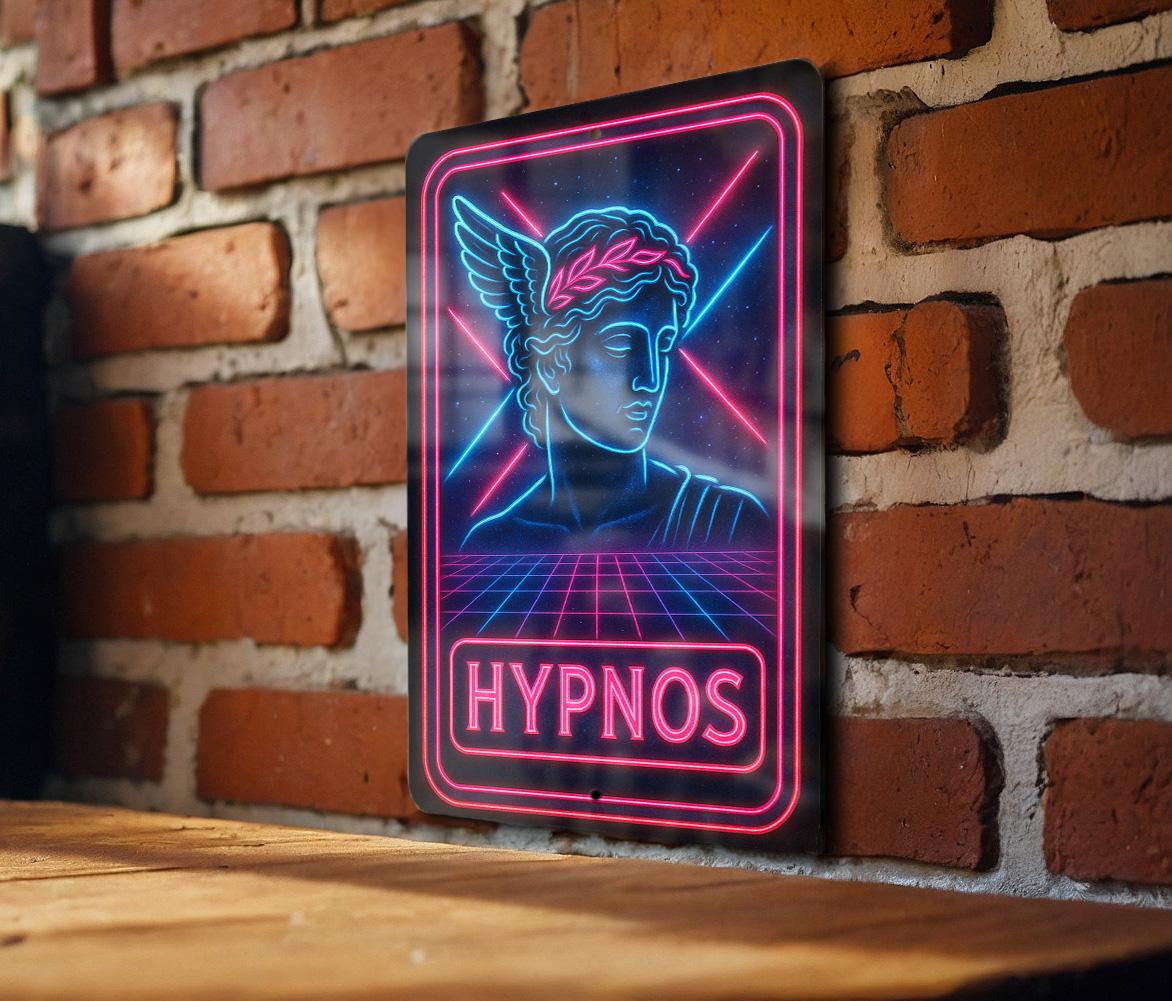1980s Neon Hypnos Metal Sign – Retro Cosmic Wall Art, Electric Blue & Hot Pink, Vintage Tin Decor with Rust Patina — photo 3