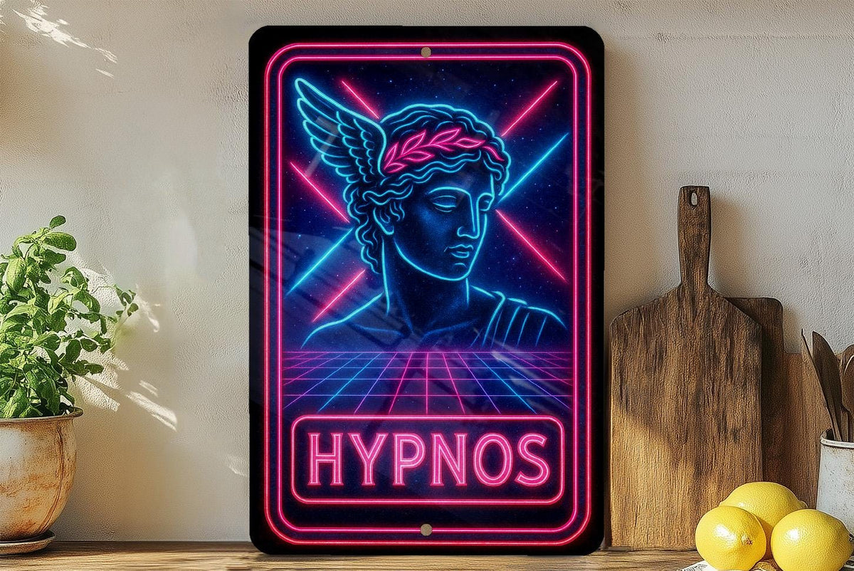 1980s Neon Hypnos Metal Sign – Retro Cosmic Wall Art, Electric Blue & Hot Pink, Vintage Tin Decor with Rust Patina — photo 4