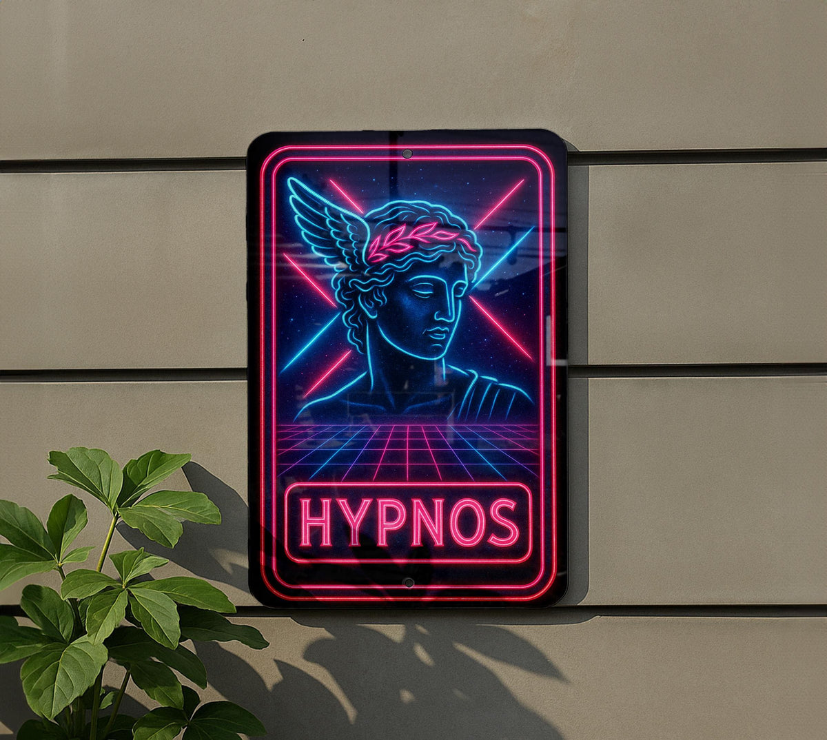 1980s Neon Hypnos Metal Sign – Retro Cosmic Wall Art, Electric Blue & Hot Pink, Vintage Tin Decor with Rust Patina — photo 5