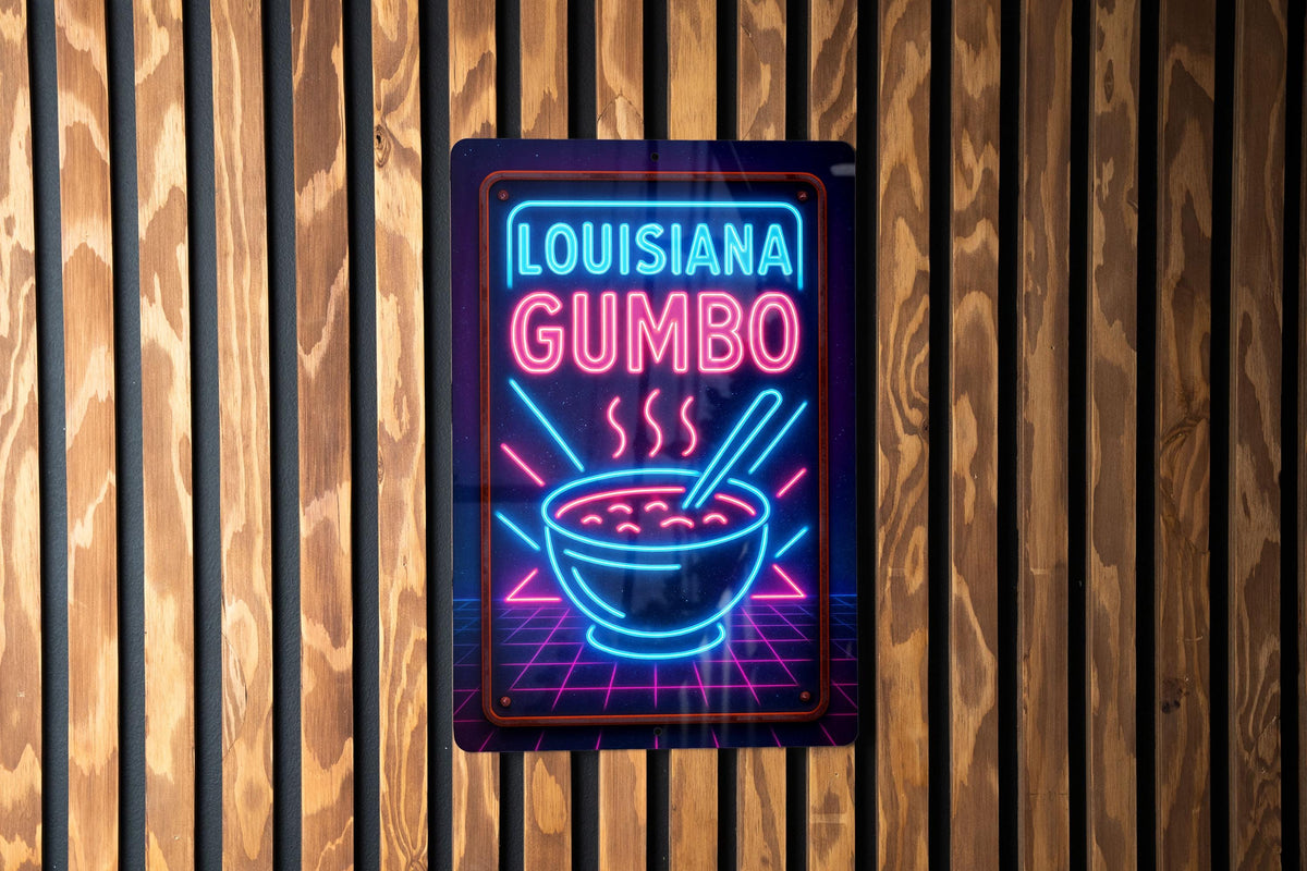 1980s Neon Louisiana Gumbo Metal Sign – Retro Cosmic Grid, Electric Blues & Pinks, Vintage Tin Wall Art with Patina — photo 1