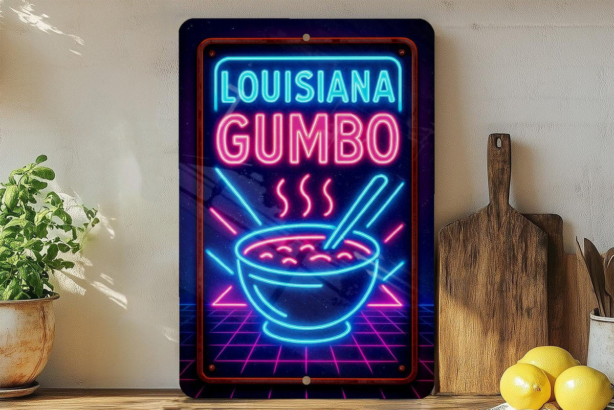 1980s Neon Louisiana Gumbo Metal Sign – Retro Cosmic Grid, Electric Blues & Pinks, Vintage Tin Wall Art with Patina — photo 4