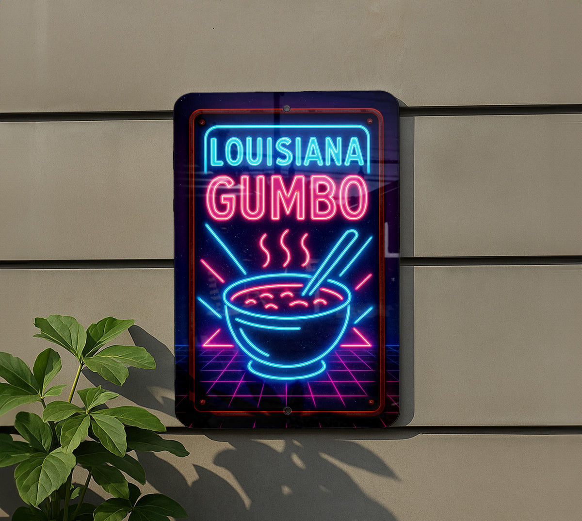 1980s Neon Louisiana Gumbo Metal Sign – Retro Cosmic Grid, Electric Blues & Pinks, Vintage Tin Wall Art with Patina — photo 5