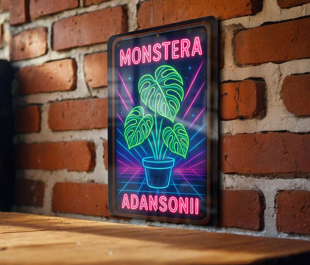 1980s Neon Monstera Metal Sign – Retro Cosmic Wall Art, Hot Pink & Electric Blue Grid, Vintage Tin Decor with Rust Patina — photo 1