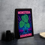 1980s Neon Monstera Metal Sign – Retro Cosmic Wall Art, Hot Pink & Electric Blue Grid, Vintage Tin Decor with Rust Patina — photo 2