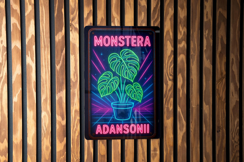 1980s Neon Monstera Metal Sign – Retro Cosmic Wall Art, Hot Pink & Electric Blue Grid, Vintage Tin Decor with Rust Patina — photo 3