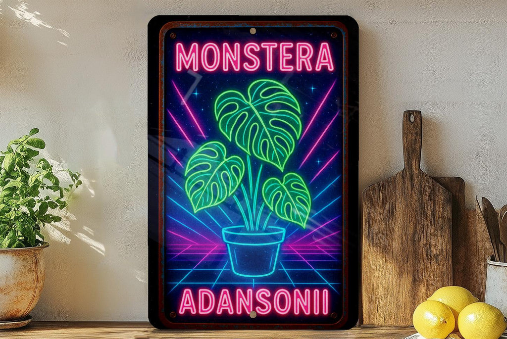 1980s Neon Monstera Metal Sign – Retro Cosmic Wall Art, Hot Pink & Electric Blue Grid, Vintage Tin Decor with Rust Patina — photo 4