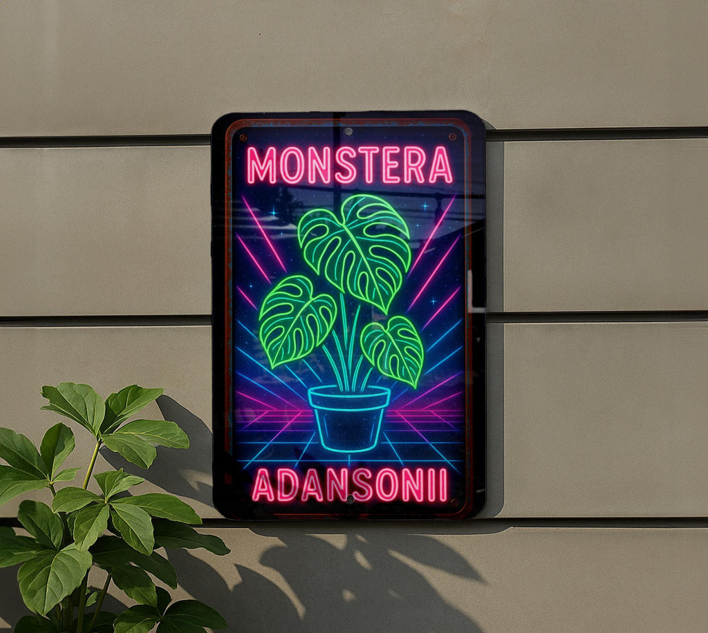 1980s Neon Monstera Metal Sign – Retro Cosmic Wall Art, Hot Pink & Electric Blue Grid, Vintage Tin Decor with Rust Patina — photo 5