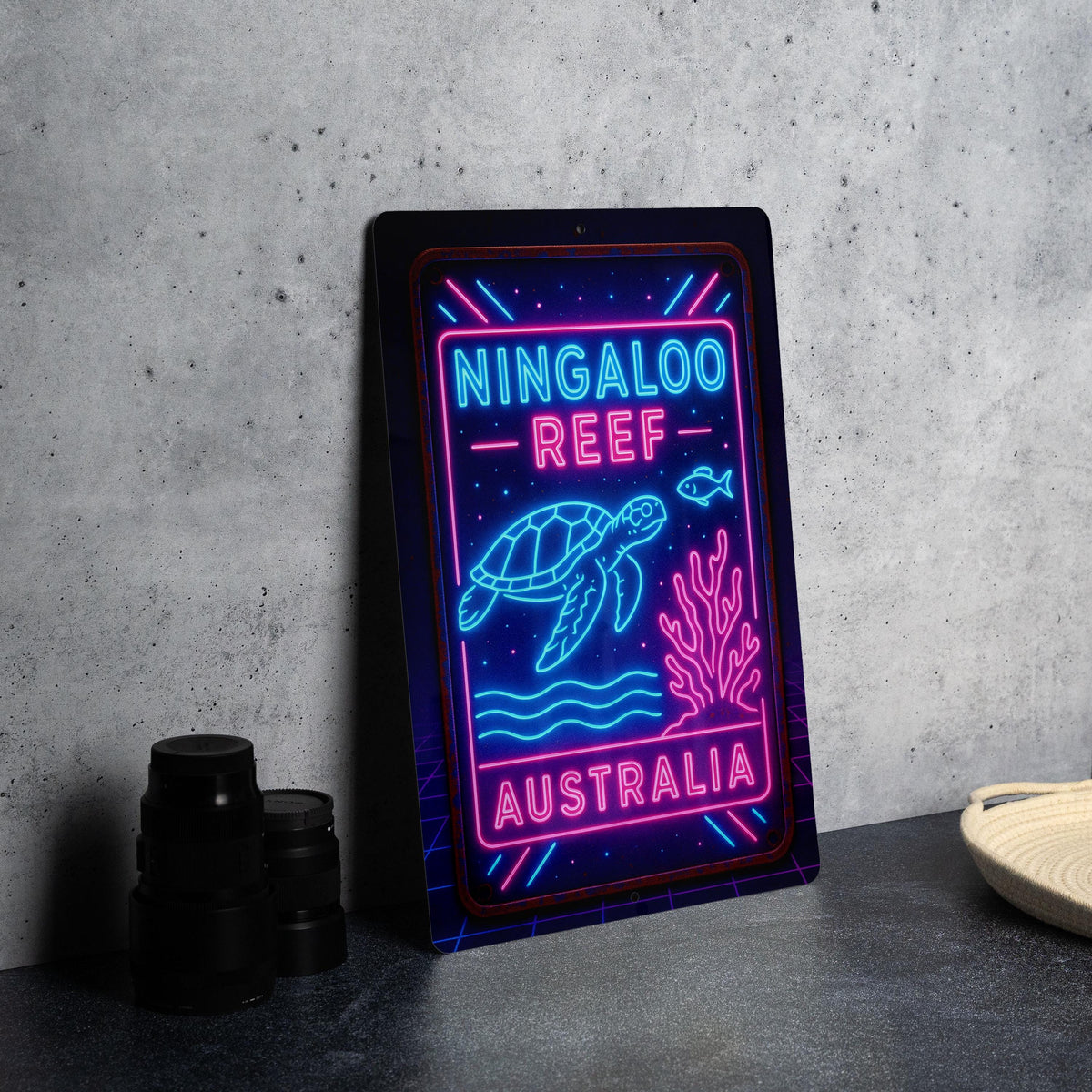 1980s Neon Ningaloo Reef Metal Sign – Retro Australia Wall Art, Cosmic Grid, Electric Blue & Pink, Vintage Tin Decor — photo 2