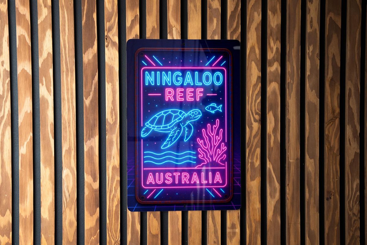1980s Neon Ningaloo Reef Metal Sign – Retro Australia Wall Art, Cosmic Grid, Electric Blue & Pink, Vintage Tin Decor — photo 3