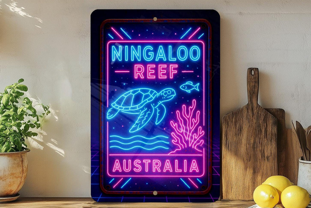 1980s Neon Ningaloo Reef Metal Sign – Retro Australia Wall Art, Cosmic Grid, Electric Blue & Pink, Vintage Tin Decor — photo 4