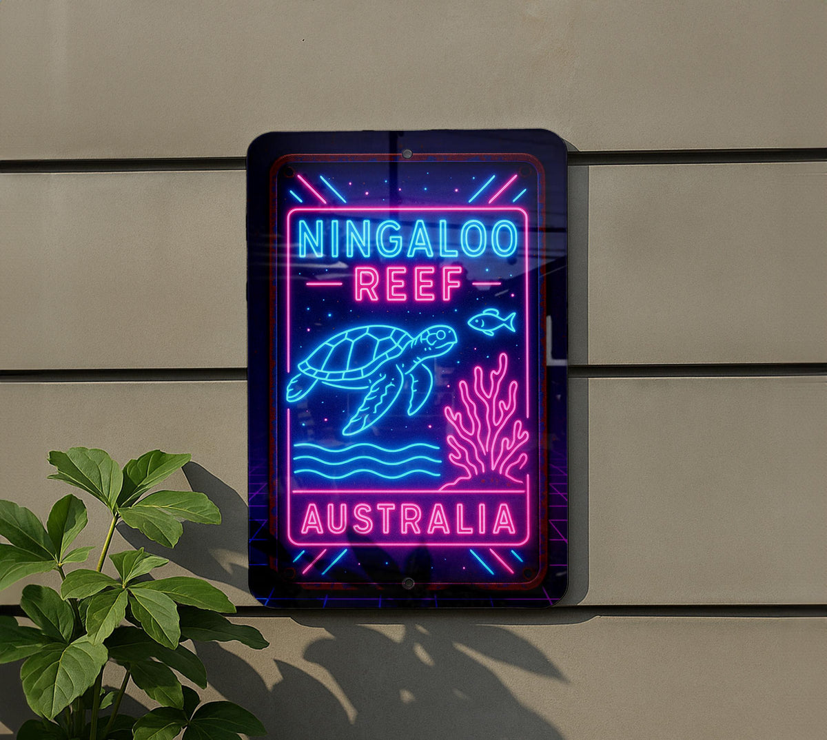 1980s Neon Ningaloo Reef Metal Sign – Retro Australia Wall Art, Cosmic Grid, Electric Blue & Pink, Vintage Tin Decor — photo 5