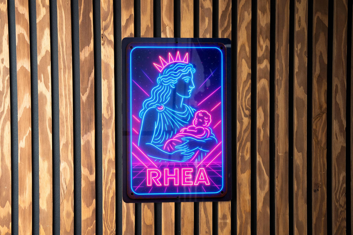 1980s Neon Rhea Goddess Metal Sign – Retro Cosmic Wall Art, Electric Blue & Hot Pink, Vintage Patina, Geometric Decor — photo 1