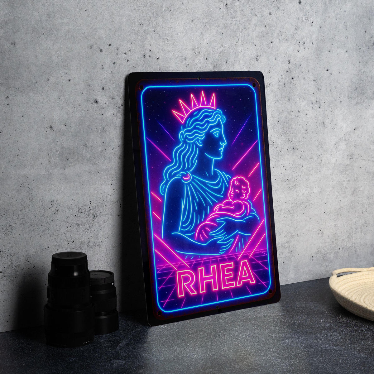 1980s Neon Rhea Goddess Metal Sign – Retro Cosmic Wall Art, Electric Blue & Hot Pink, Vintage Patina, Geometric Decor — photo 2