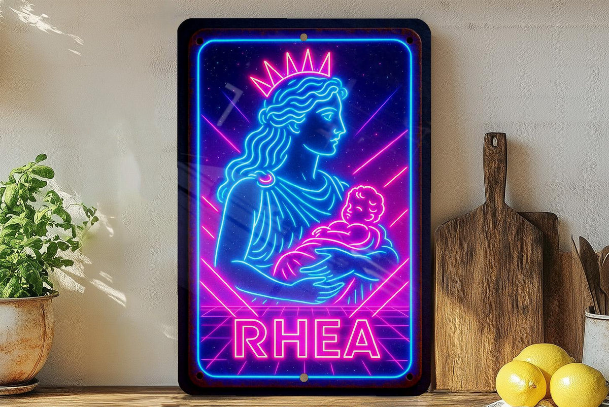 1980s Neon Rhea Goddess Metal Sign – Retro Cosmic Wall Art, Electric Blue & Hot Pink, Vintage Patina, Geometric Decor — photo 4