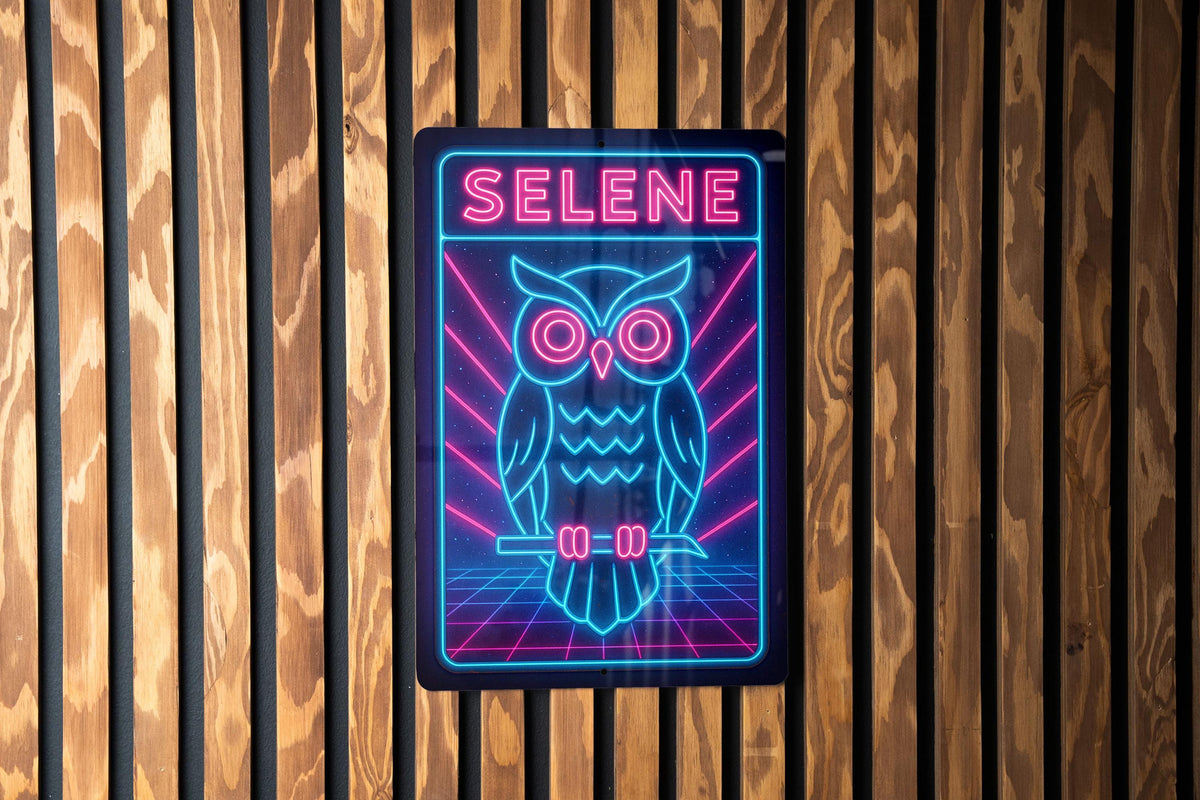 1980s Neon Owl Metal Sign – Retro Selene Design, Electric Blue & Hot Pink, Cosmic Grid, Vintage Rusted Wall Decor — photo 3