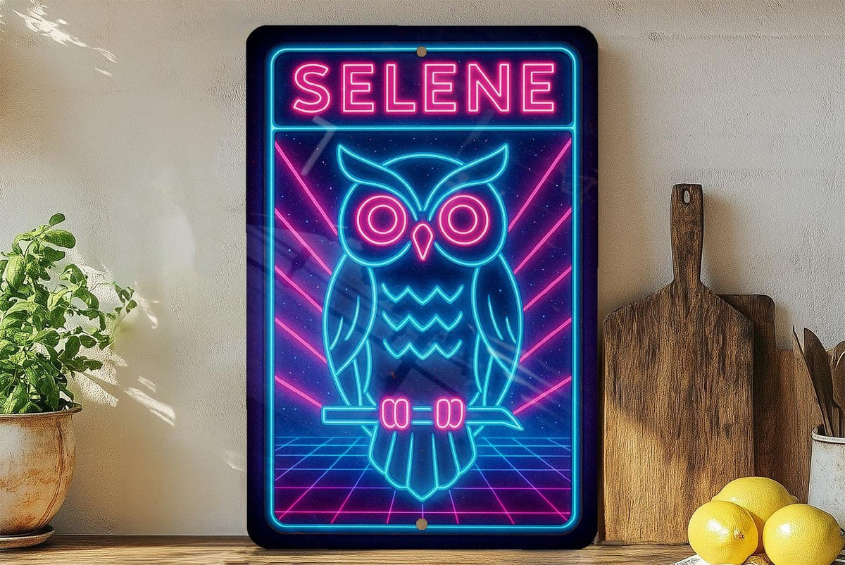 1980s Neon Owl Metal Sign – Retro Selene Design, Electric Blue & Hot Pink, Cosmic Grid, Vintage Rusted Wall Decor — photo 4