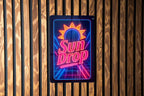 Vintage 1980s Neon Sundrop Metal Sign – Retro Cosmic Grid, Electric Blue & Hot Pink, Geometric Wall Art, Rust Patina Decor — photo 1
