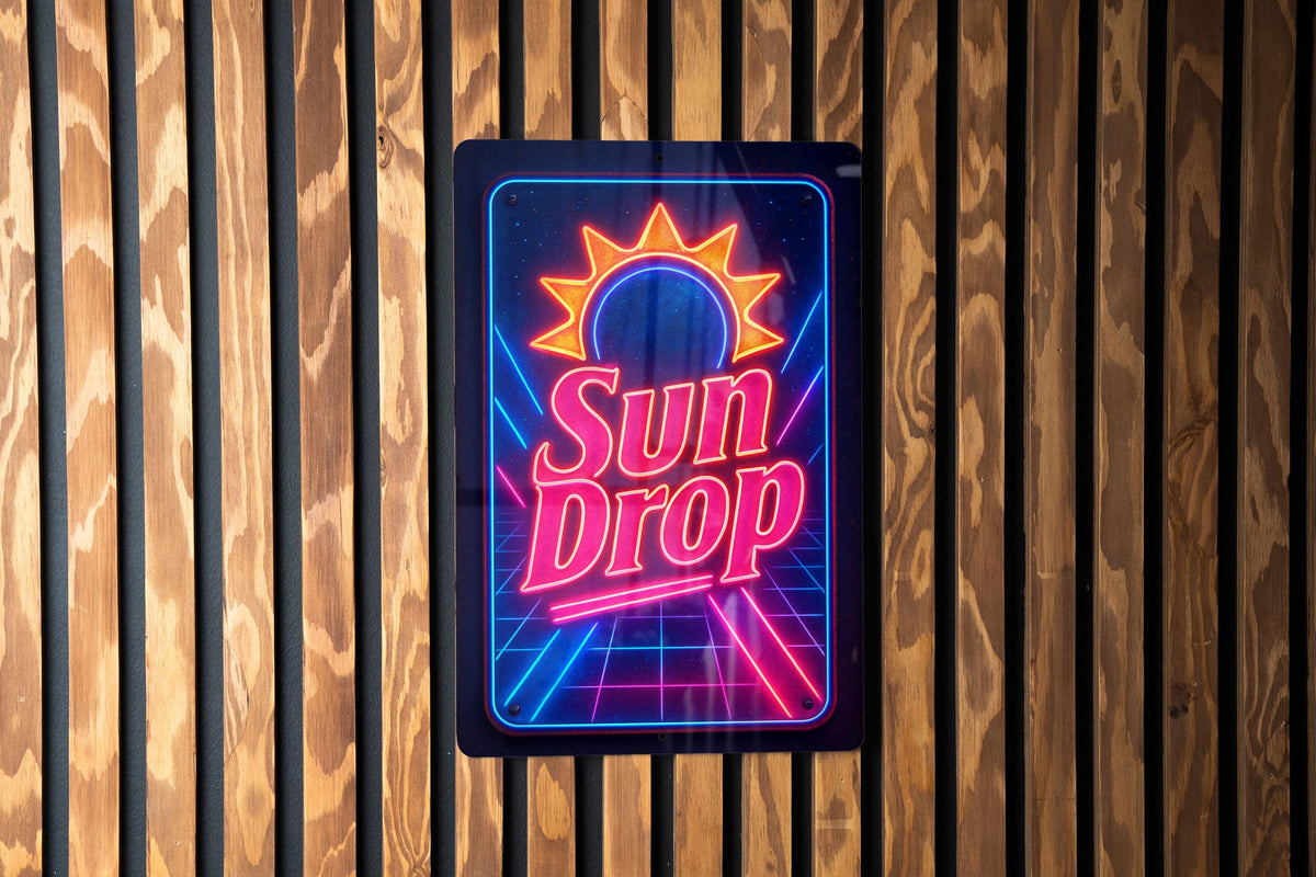 Vintage 1980s Neon Sundrop Metal Sign – Retro Cosmic Grid, Electric Blue & Hot Pink, Geometric Wall Art, Rust Patina Decor — photo 1